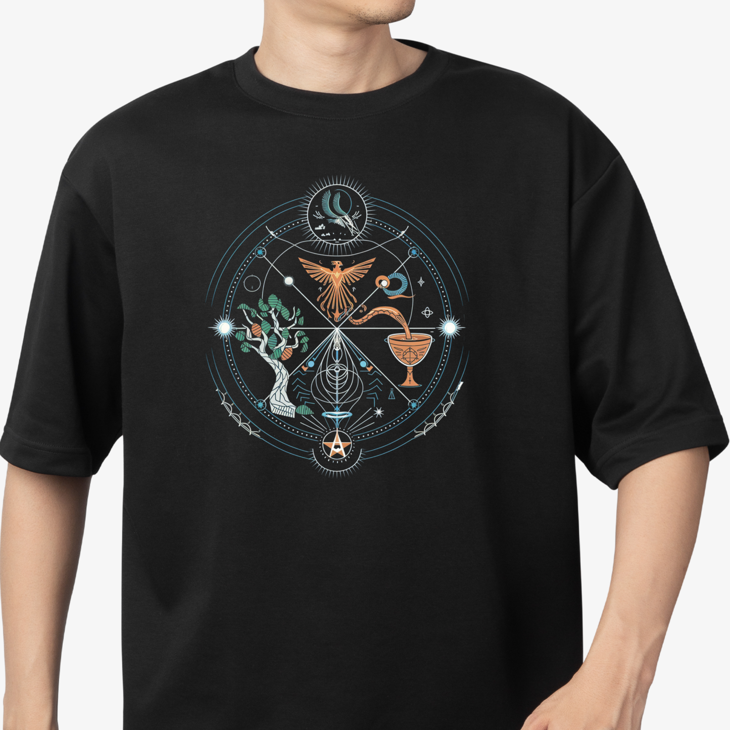 SACRED T-Shirt - Round Neck Drop Shoulder Graphic Printed Oversized Cotton T-shirt