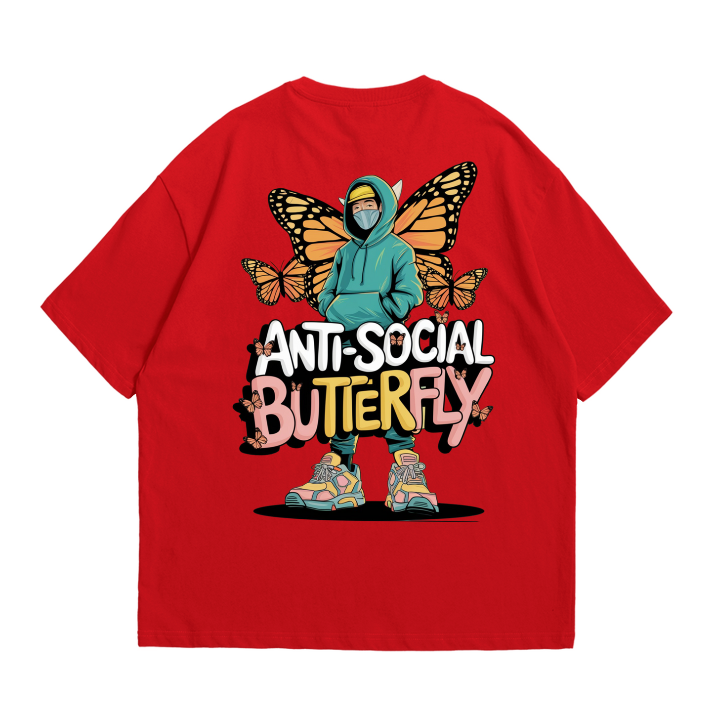 Anti social butterfly - Round Neck Drop Shoulder Graphic Printed Oversized Cotton T-shirt