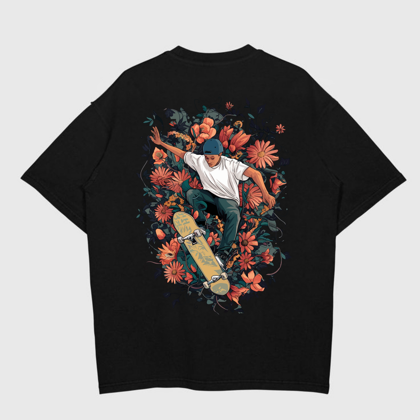 RASB’s Blossom Skater T-Shirt - Round Neck Drop Shoulder Graphic Printed Oversized Cotton T-shirt