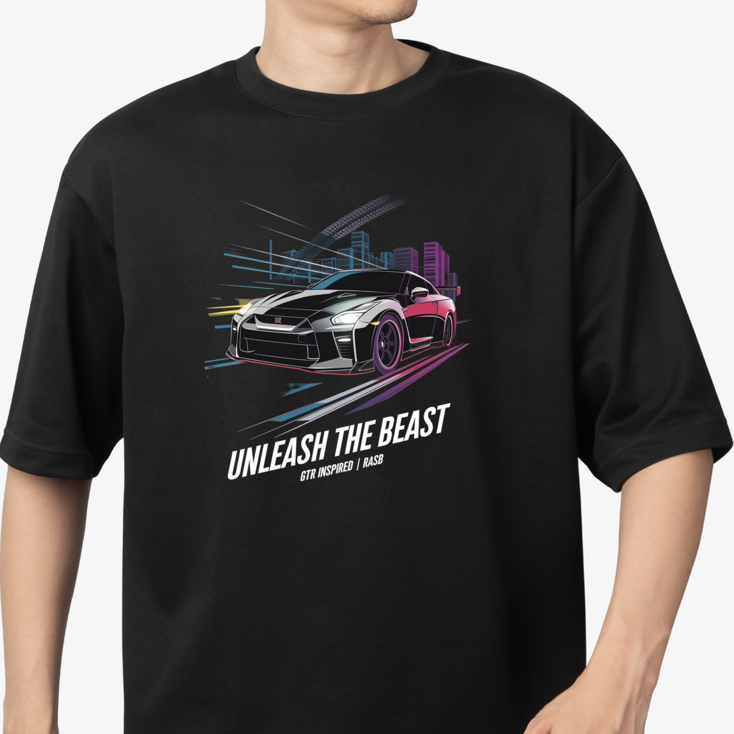 GTR 5 T-Shirt - Round Neck Drop Shoulder Graphic Printed Oversized Cotton T-shirt