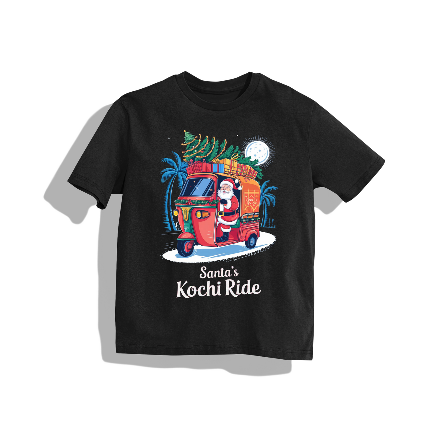 santa in kochi T-Shirt - Round Neck Drop Shoulder Graphic Printed Oversized Cotton T-shirt
