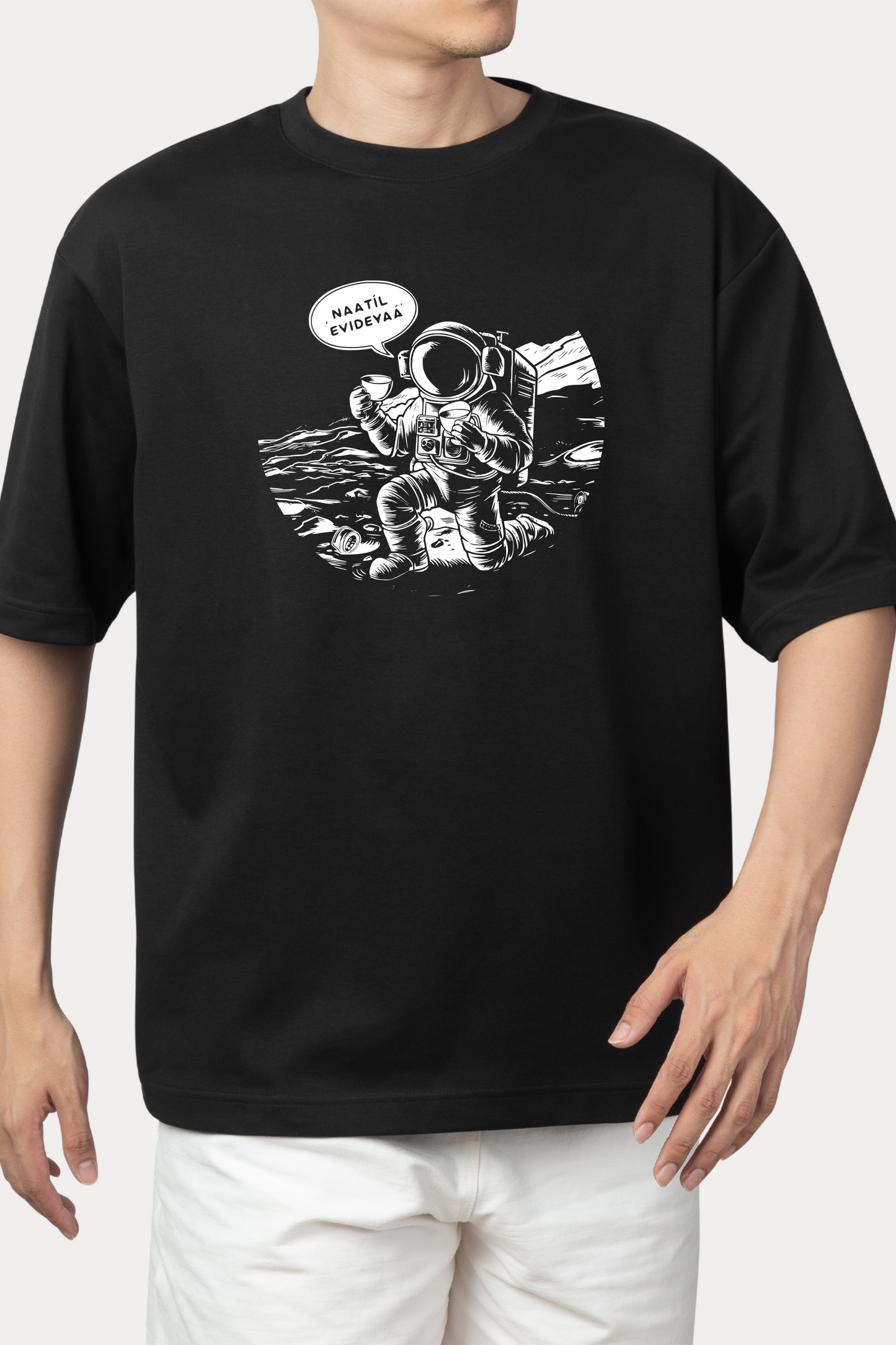 RASB’s "Naatil Evdeya" Astronaut T-Shirt - MALAYALEE Round Neck Drop Shoulder Graphic Printed Oversized Cotton T-shirt