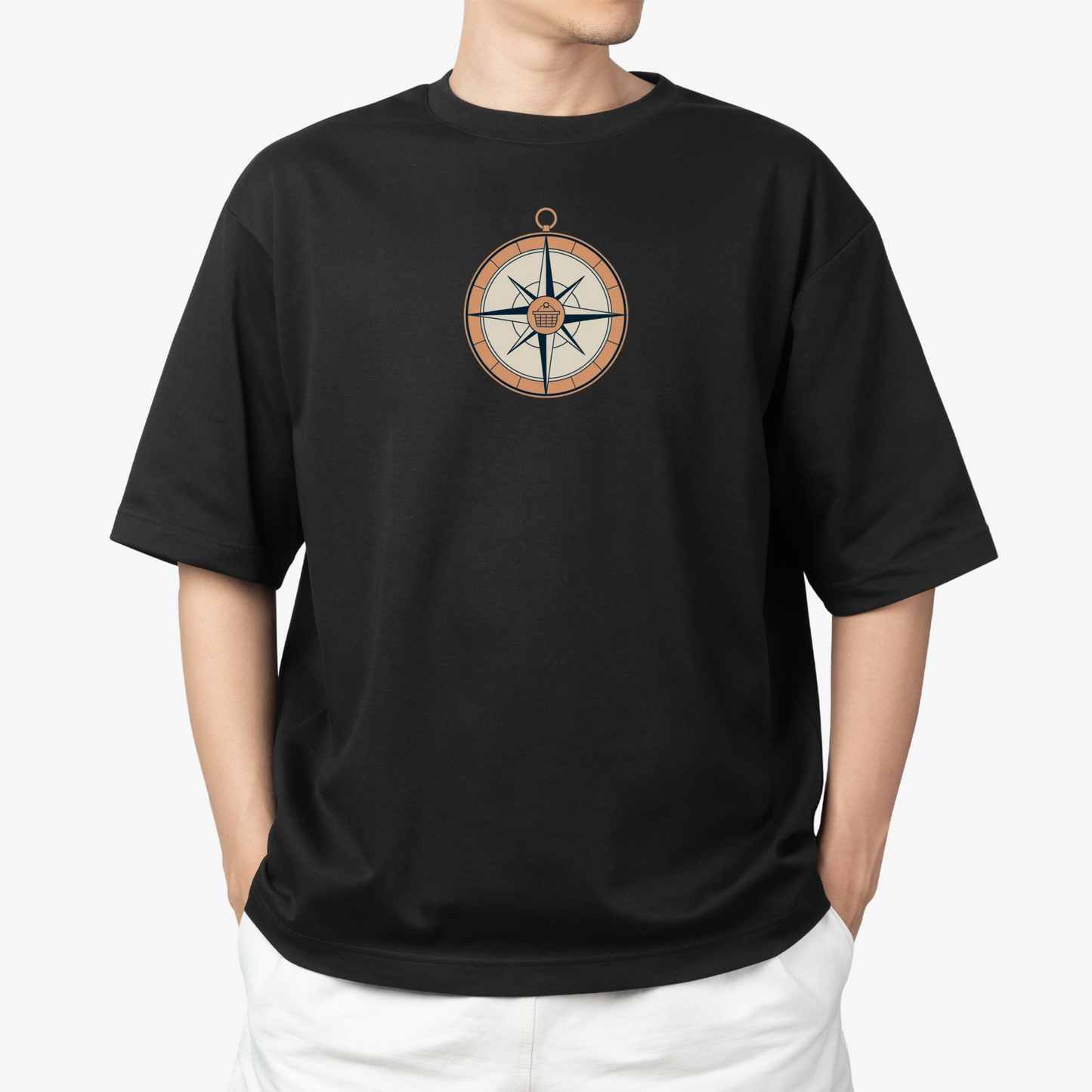 Compass T-Shirt - Round Neck Drop Shoulder Graphic Printed Oversized Cotton T-shirt