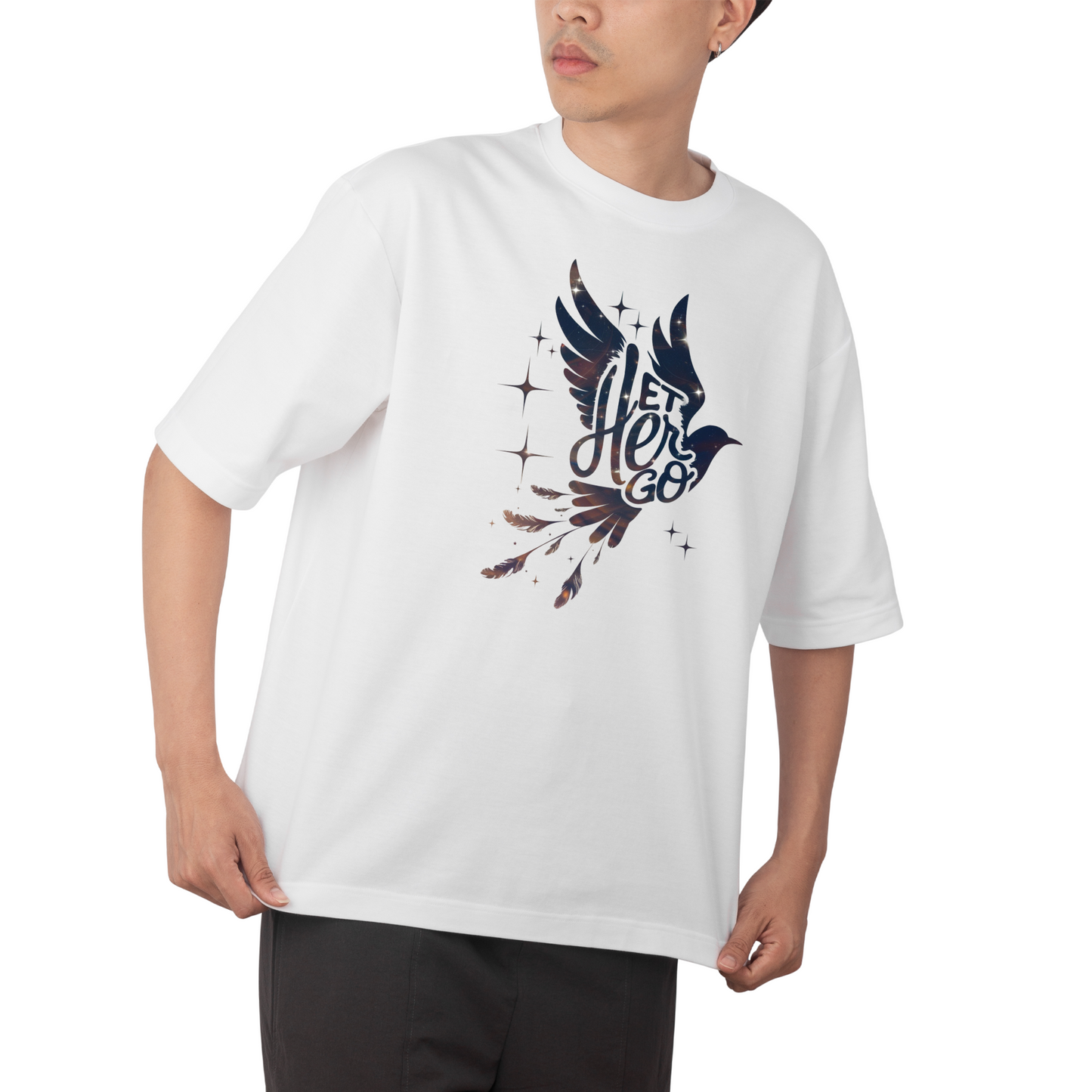 LET HER GO - Round Neck Drop Shoulder Graphic Printed Oversized Cotton T-shirt