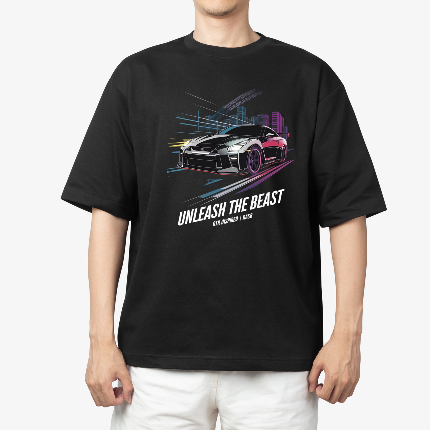 GTR 5 T-Shirt - Round Neck Drop Shoulder Graphic Printed Oversized Cotton T-shirt