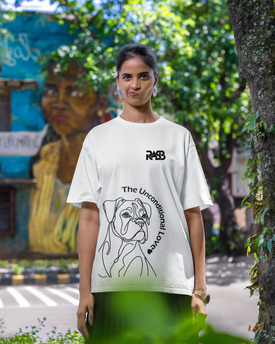 boxer canine Round Neck Drop Shoulder Graphic Printed Oversized Cotton T-shirt