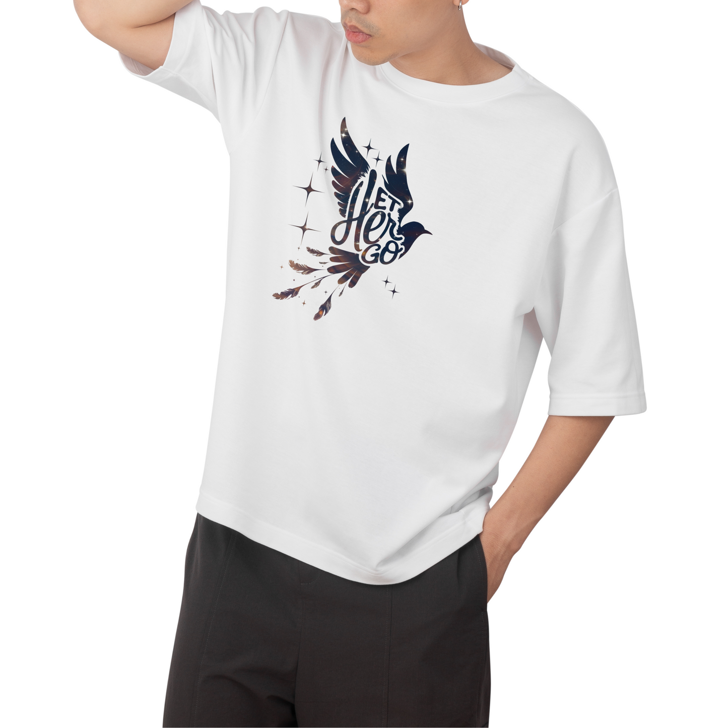 LET HER GO - Round Neck Drop Shoulder Graphic Printed Oversized Cotton T-shirt