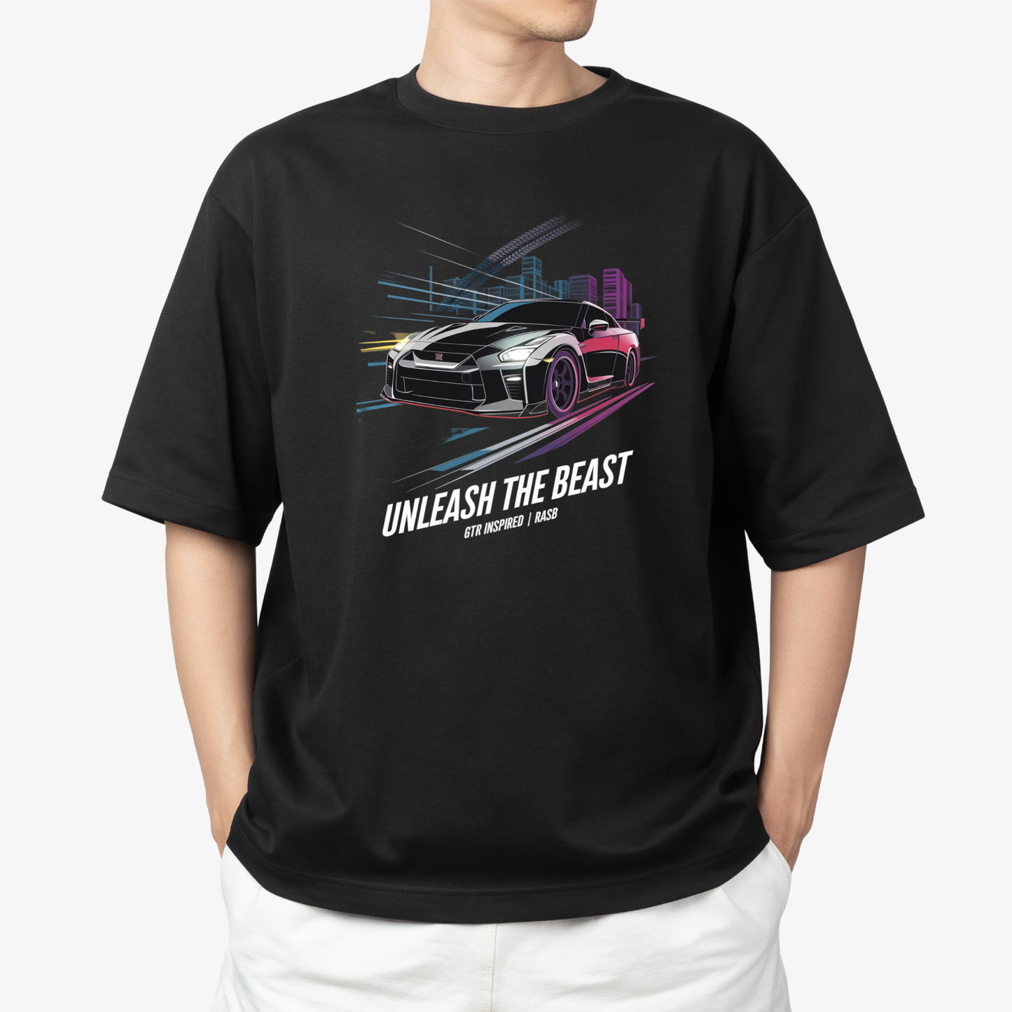GTR 5 T-Shirt - Round Neck Drop Shoulder Graphic Printed Oversized Cotton T-shirt