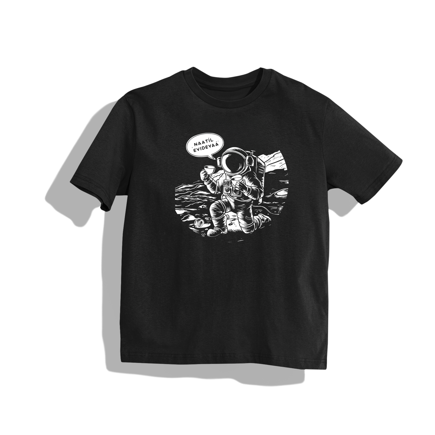RASB’s "Naatil Evdeya" Astronaut T-Shirt - MALAYALEE Round Neck Drop Shoulder Graphic Printed Oversized Cotton T-shirt