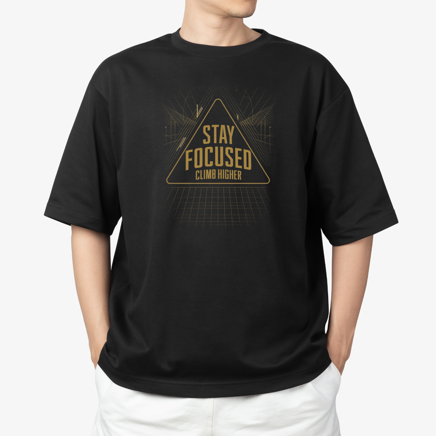 Stay focused T-Shirt - Round Neck Drop Shoulder Graphic Printed Oversized Cotton T-shirt