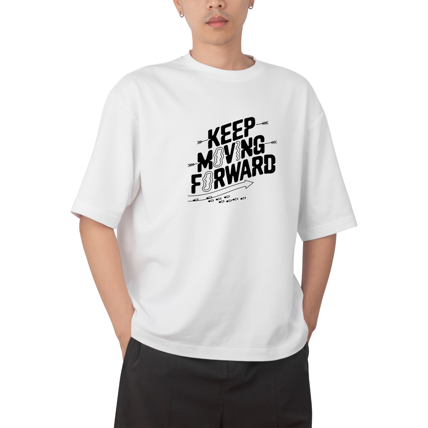 keep moving T-shirt- Round Neck Drop Shoulder Graphic Printed Oversized Cotton T-shirt
