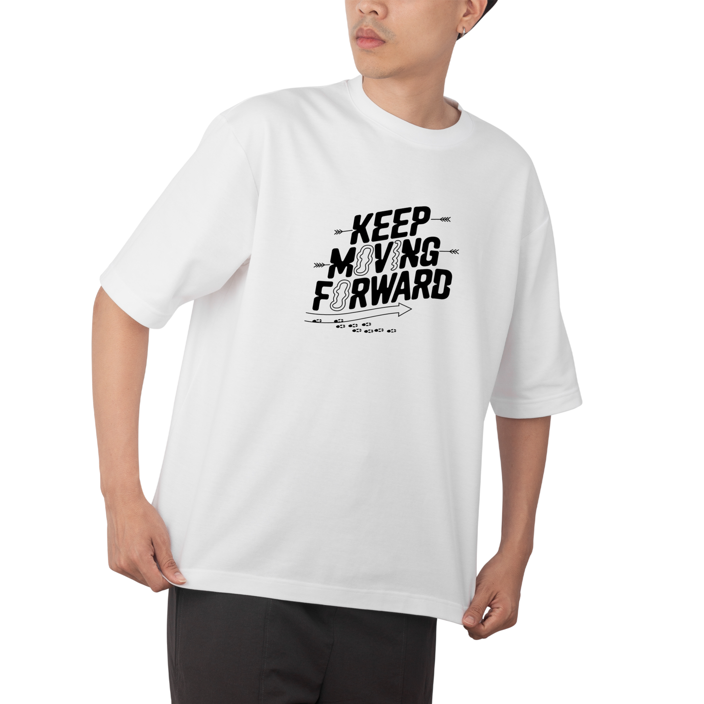 keep moving T-shirt- Round Neck Drop Shoulder Graphic Printed Oversized Cotton T-shirt