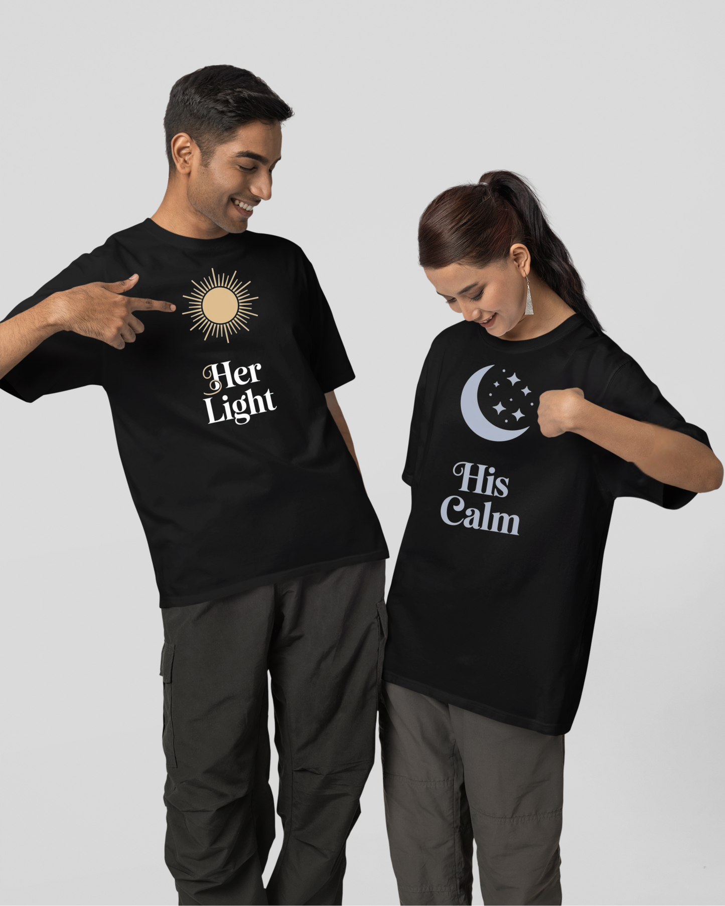 Her Light & His Calm T-Shirt - Round Neck Drop Shoulder Graphic Printed Oversized Cotton T-shirt