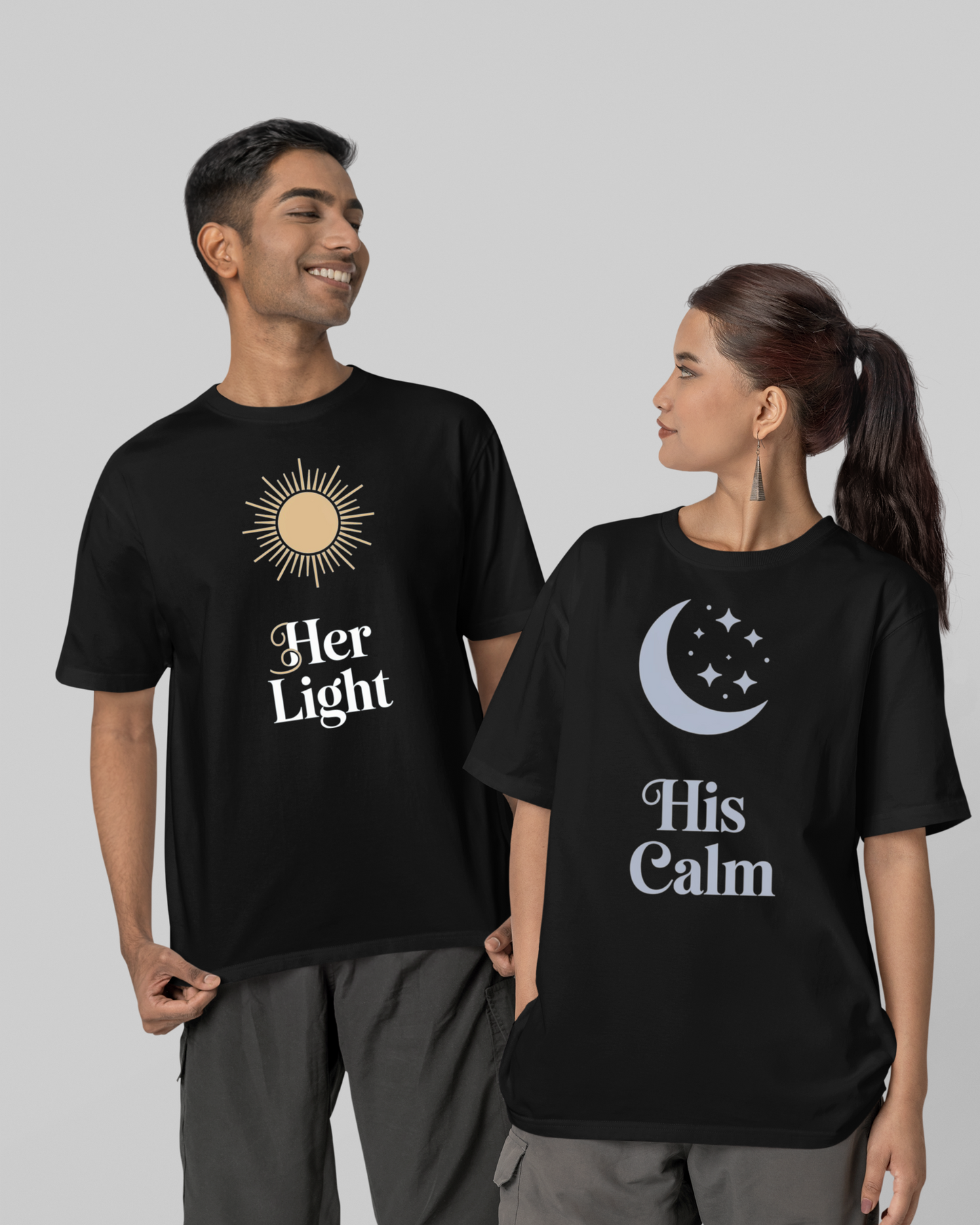 Her Light & His Calm T-Shirt - Round Neck Drop Shoulder Graphic Printed Oversized Cotton T-shirt