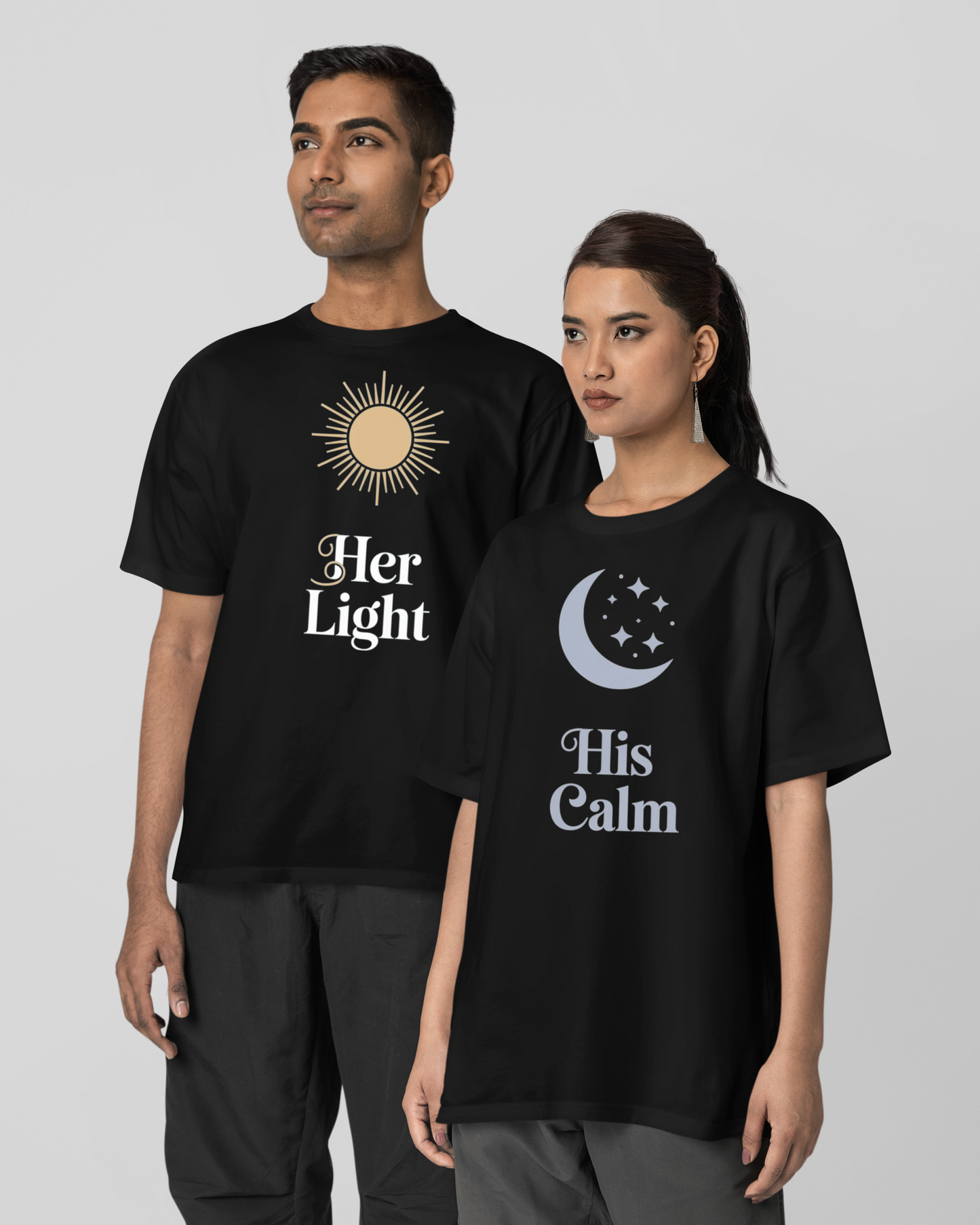 Her Light & His Calm T-Shirt - Round Neck Drop Shoulder Graphic Printed Oversized Cotton T-shirt