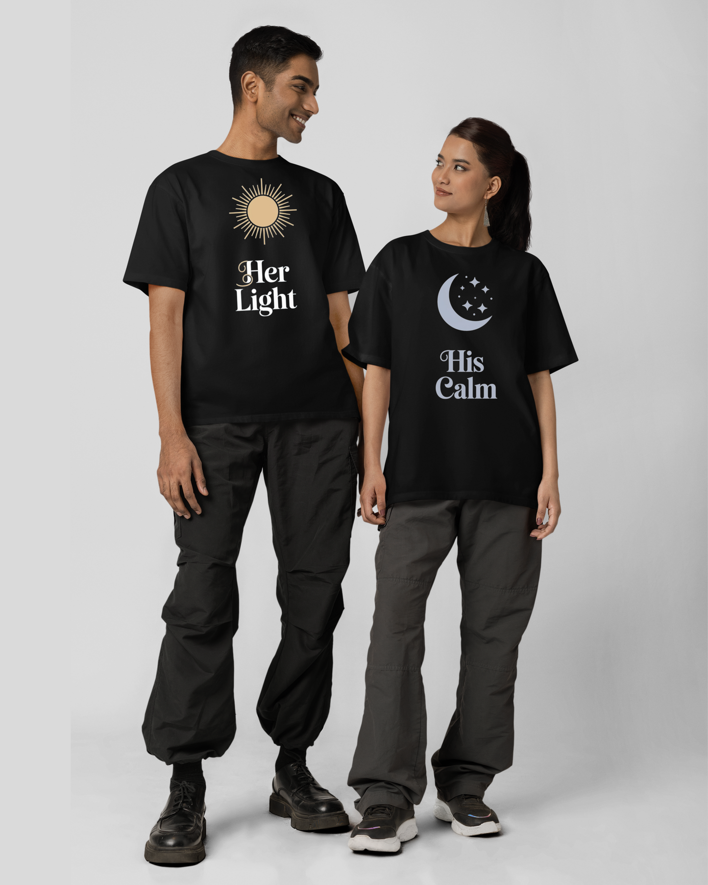 Her Light & His Calm T-Shirt - Round Neck Drop Shoulder Graphic Printed Oversized Cotton T-shirt