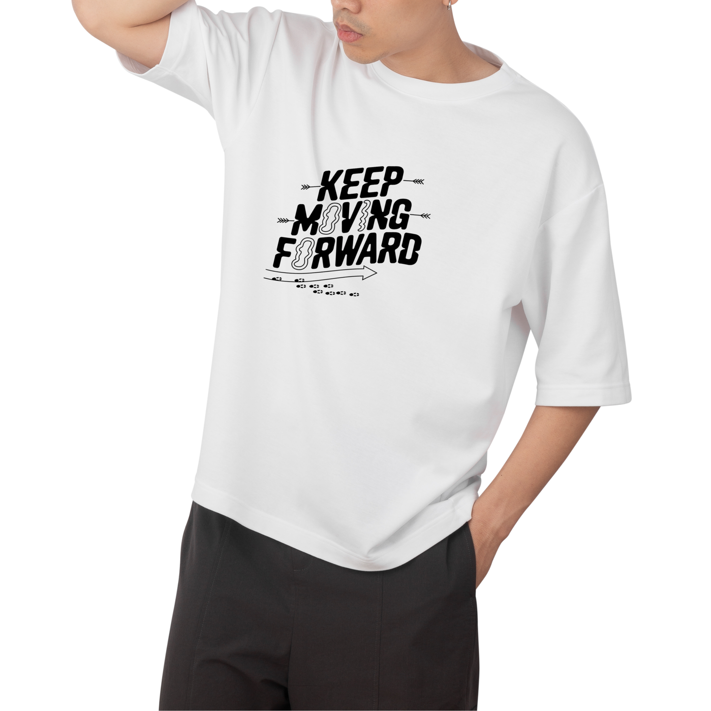 keep moving T-shirt- Round Neck Drop Shoulder Graphic Printed Oversized Cotton T-shirt