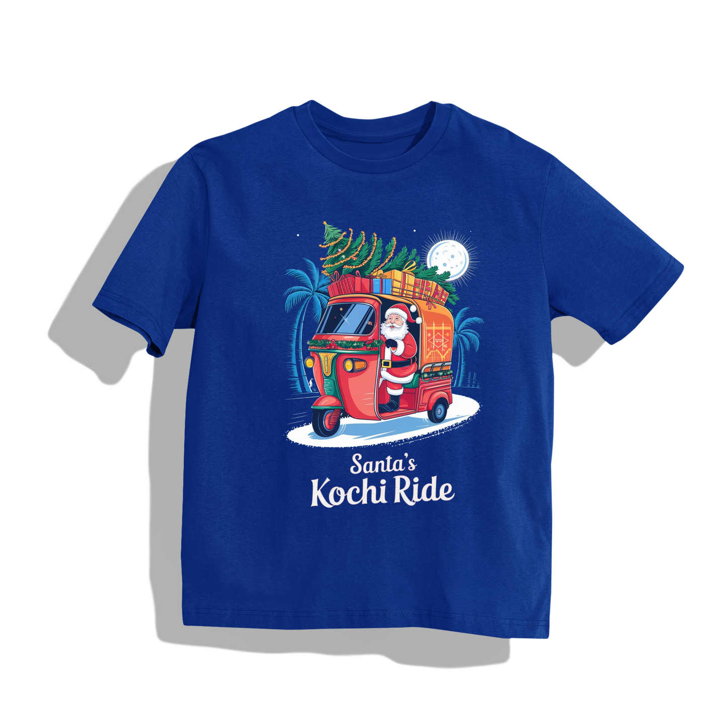 santa in kochi T-Shirt - Round Neck Drop Shoulder Graphic Printed Oversized Cotton T-shirt