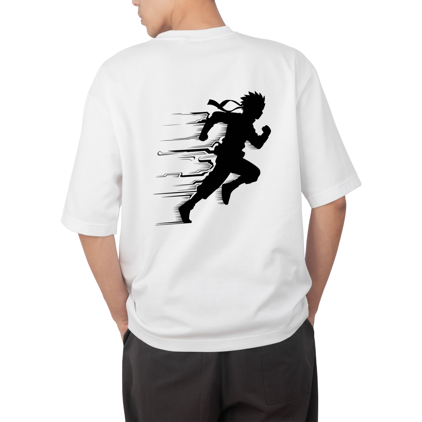 Naruto run- Round Neck Drop Shoulder Graphic Printed Oversized Cotton T-shirt