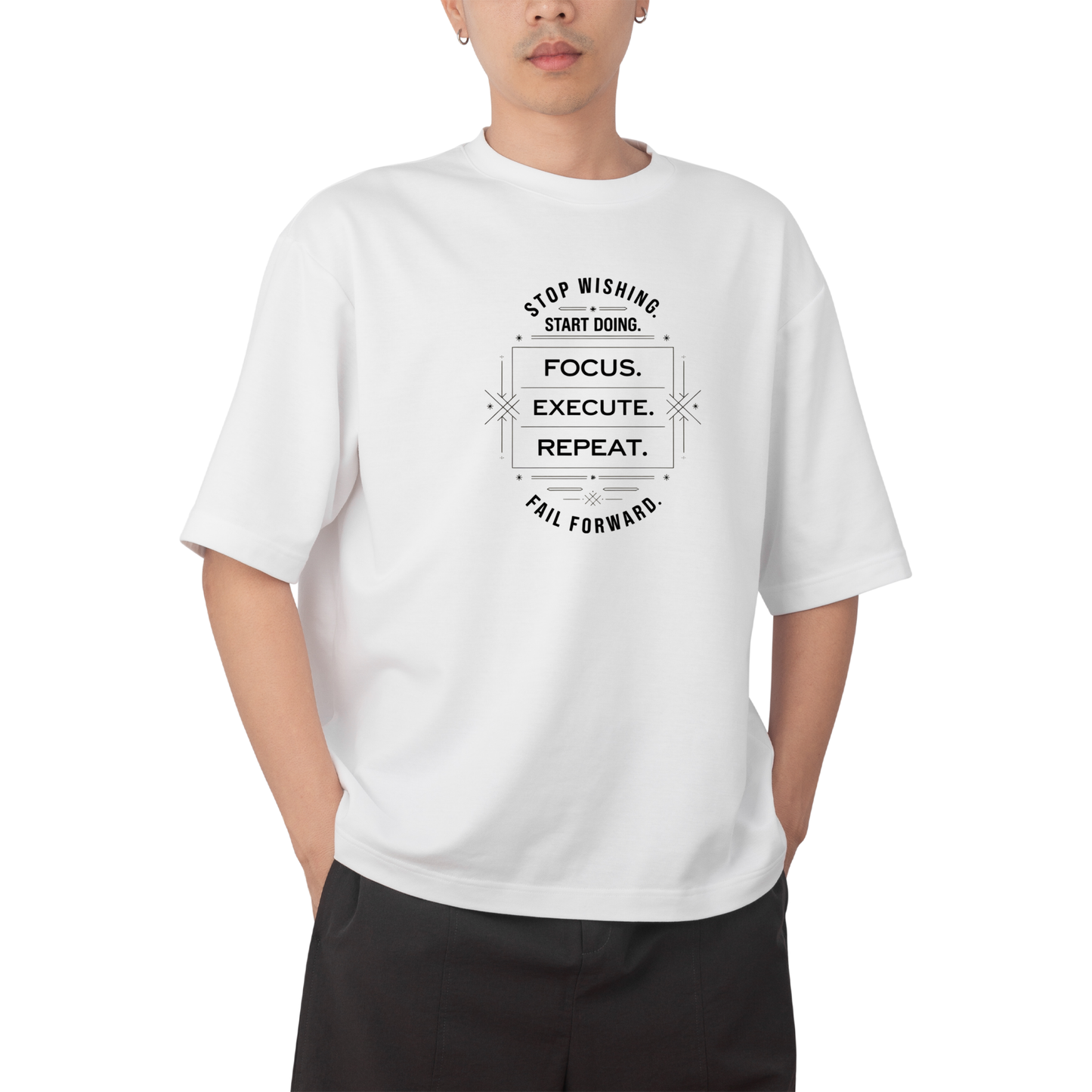 Start doing T-shirt- Round Neck Drop Shoulder Graphic Printed Oversized Cotton T-shirt