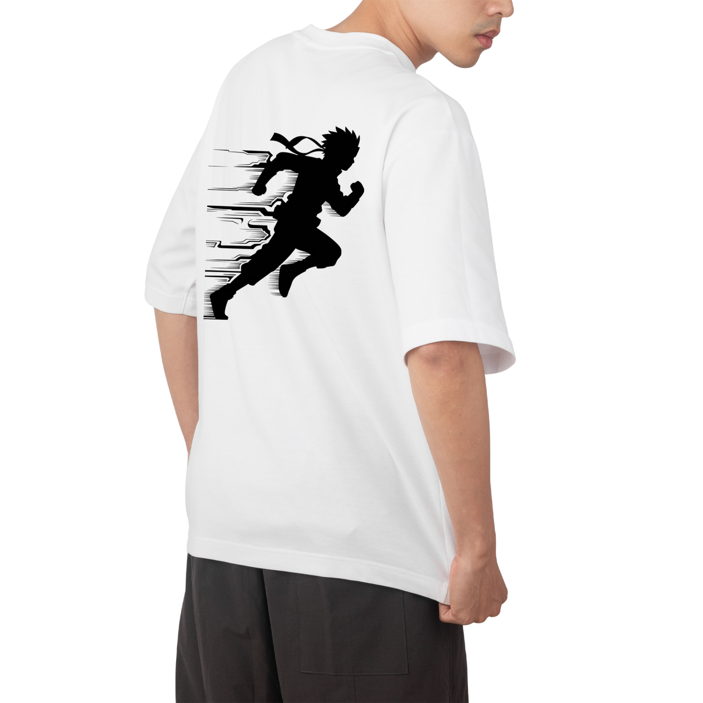 Naruto run- Round Neck Drop Shoulder Graphic Printed Oversized Cotton T-shirt