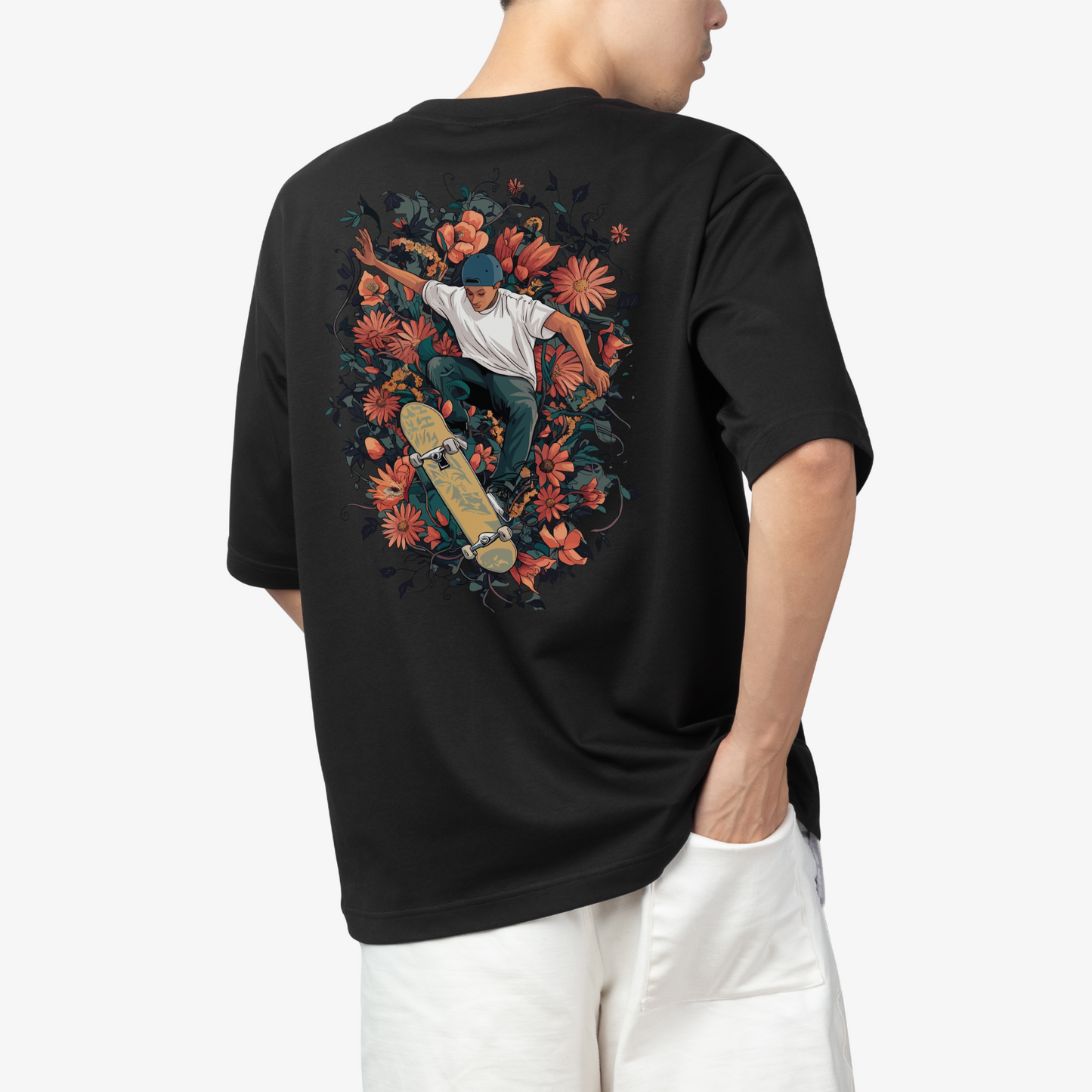 RASB’s Blossom Skater T-Shirt - Round Neck Drop Shoulder Graphic Printed Oversized Cotton T-shirt