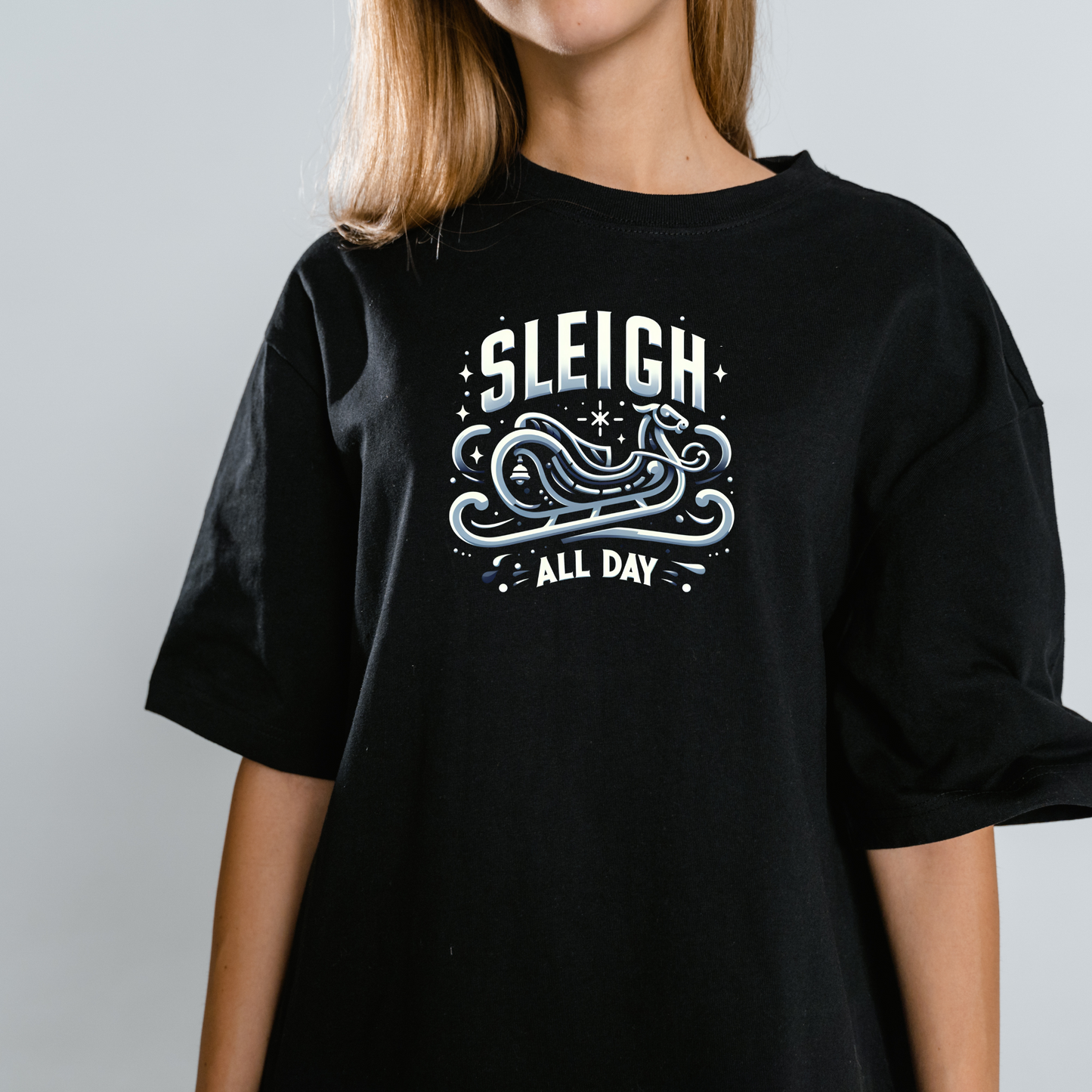 sleigh high- Round Neck Drop Shoulder Graphic Printed Oversized Cotton T-shirt christmas outfit