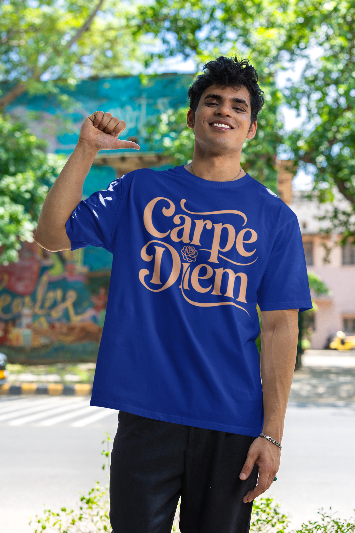carpe diem- Round Neck Drop Shoulder Graphic Printed Oversized Cotton T-shirt