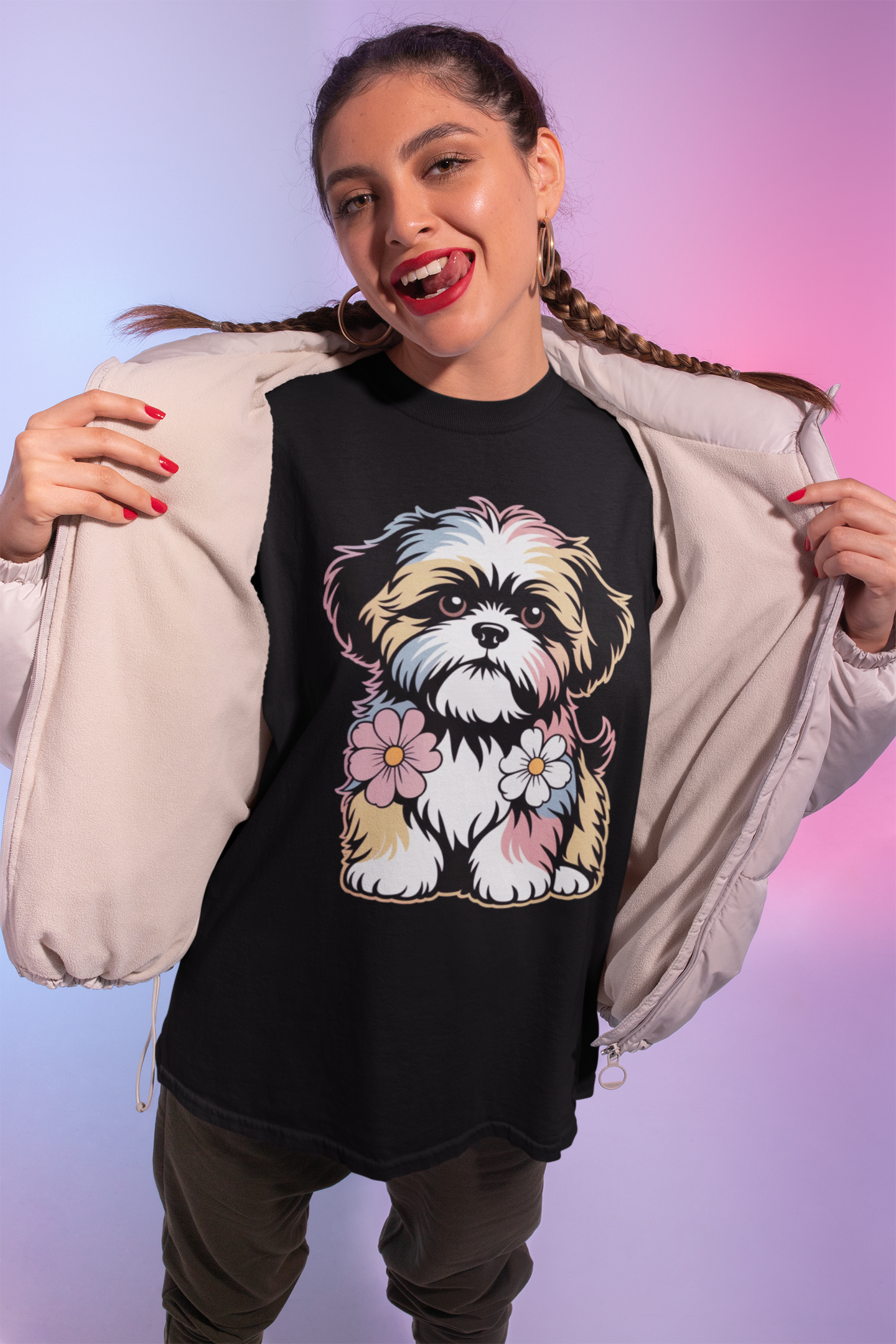 My Puppy Shih Tzu – Paw-sitive Vibes Tee Round Neck Drop Shoulder Graphic Printed Oversized Cotton T-shirt