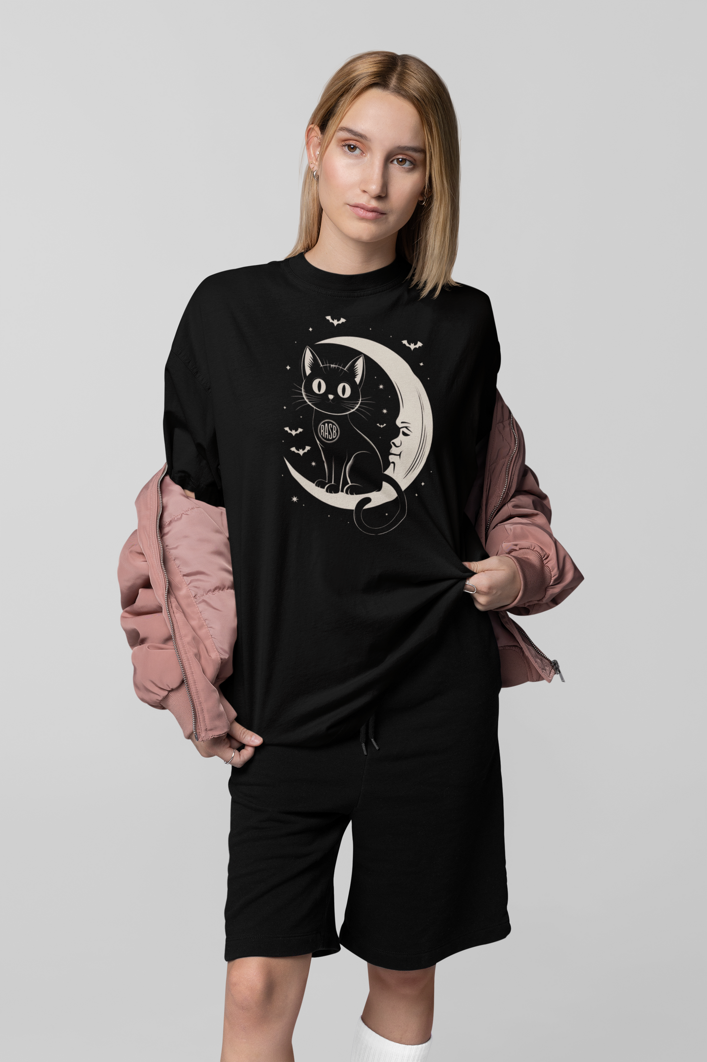 RASB Cat T-Shirt- Round Neck Drop Shoulder Graphic Printed Oversized Cotton T-shirt