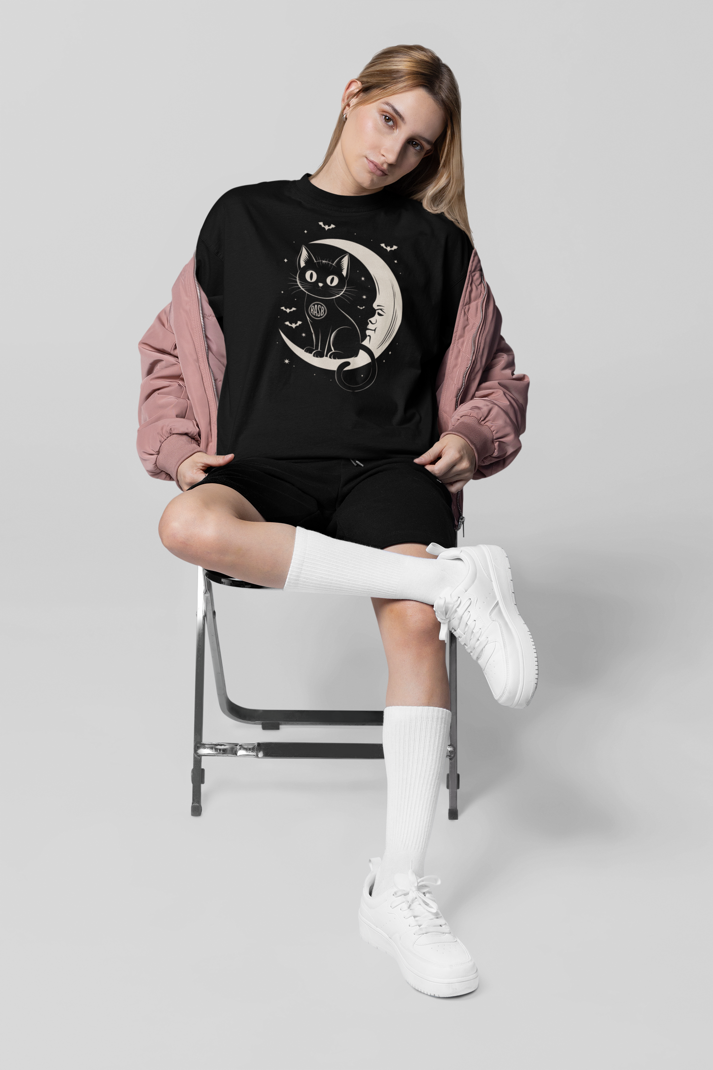 RASB Cat T-Shirt- Round Neck Drop Shoulder Graphic Printed Oversized Cotton T-shirt