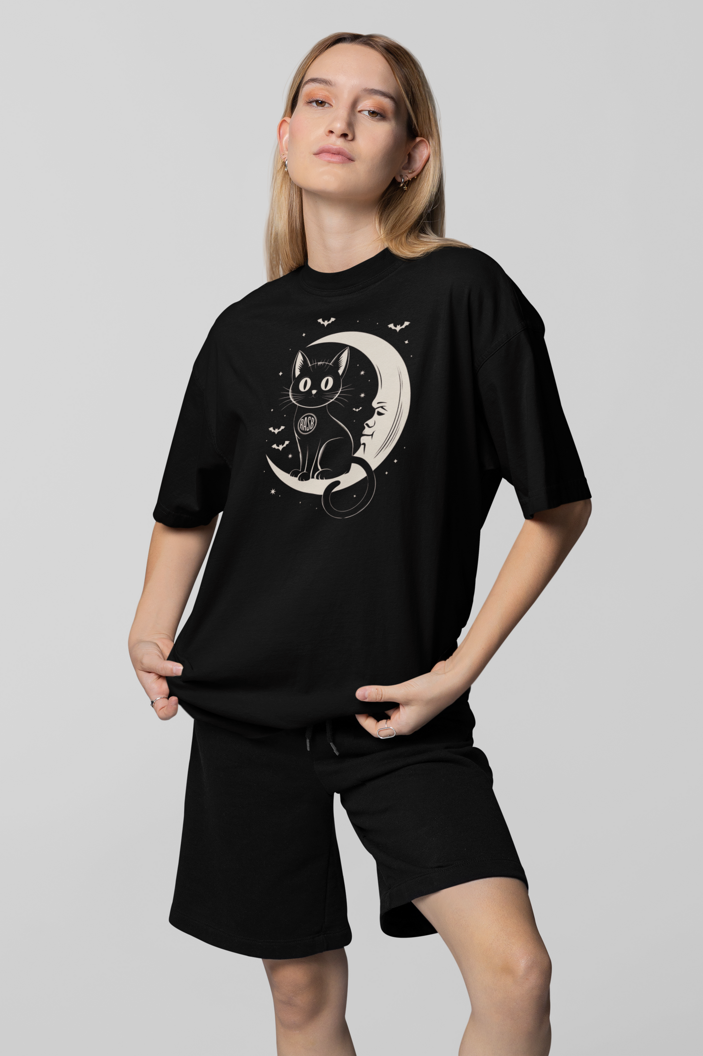 RASB Cat T-Shirt- Round Neck Drop Shoulder Graphic Printed Oversized Cotton T-shirt