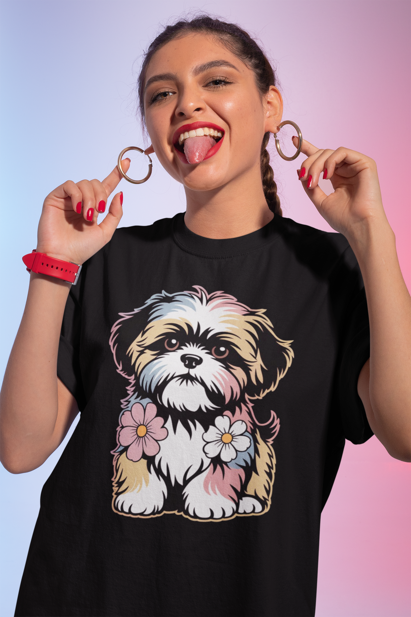 My Puppy Shih Tzu – Paw-sitive Vibes Tee Round Neck Drop Shoulder Graphic Printed Oversized Cotton T-shirt