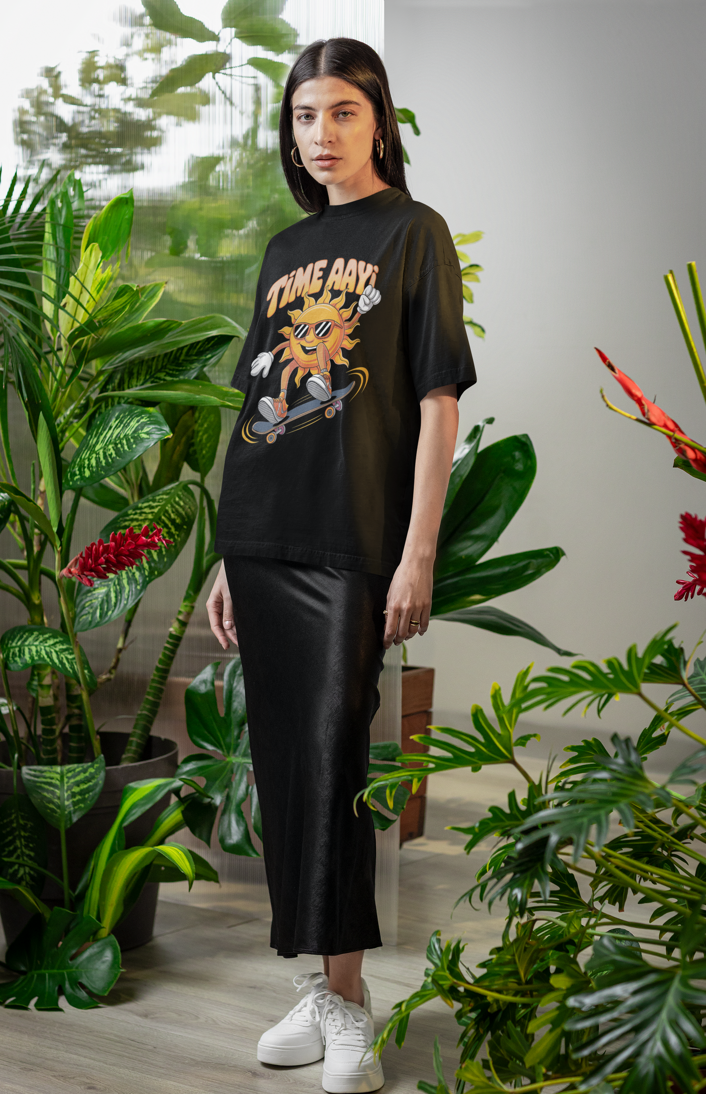 time aayi- MALAYALEE Round Neck Drop Shoulder Graphic Printed Oversized Cotton T-shirt