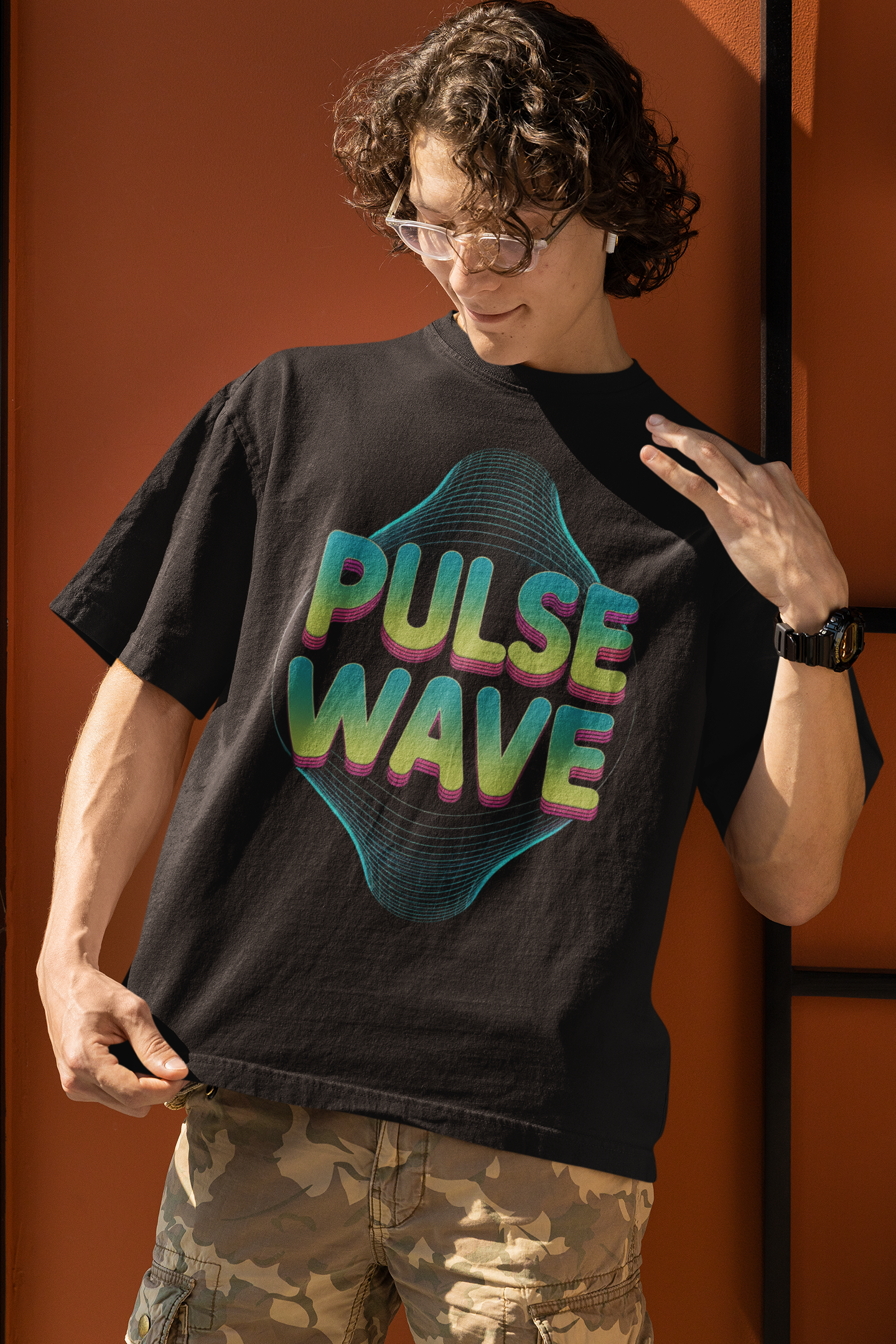 Pulse wave Round Neck Drop Shoulder Graphic Printed Oversized Cotton T-shirt