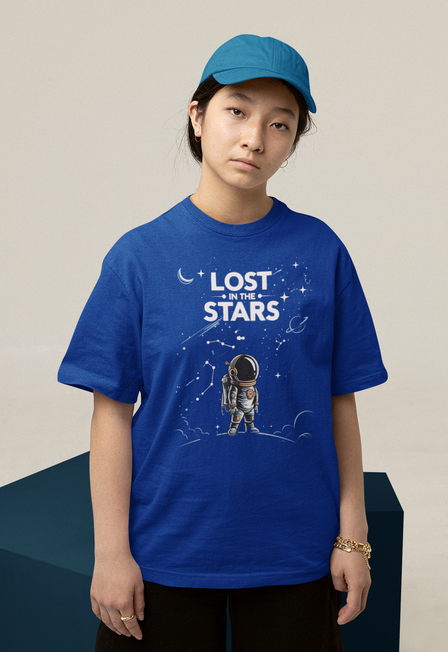 lost in the stars - Round Neck Drop Shoulder Graphic Printed Oversized Cotton T-shirt