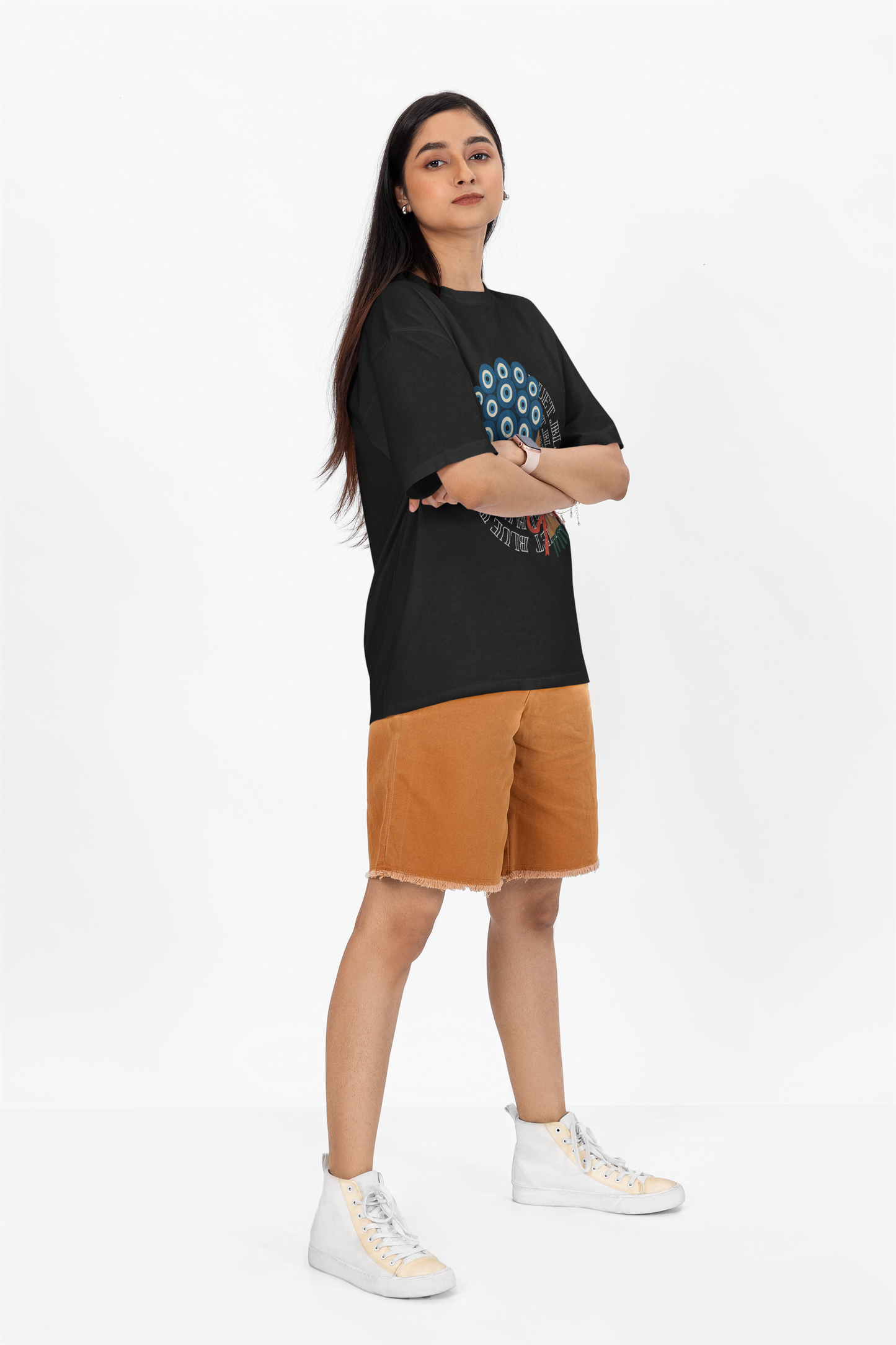blue Bouquet – devil eye – Round Neck Drop Shoulder Graphic Printed Oversized Cotton T-shirt