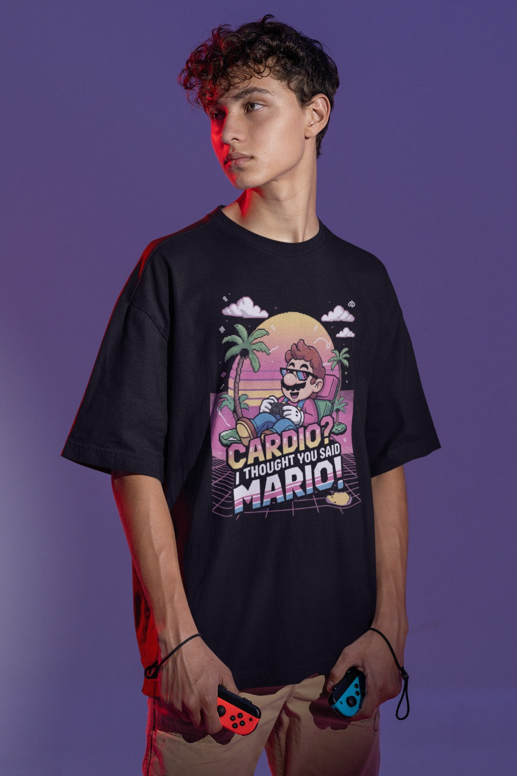 MARIO RETRO Round Neck Drop Shoulder Graphic Printed Oversized Cotton T-shirt