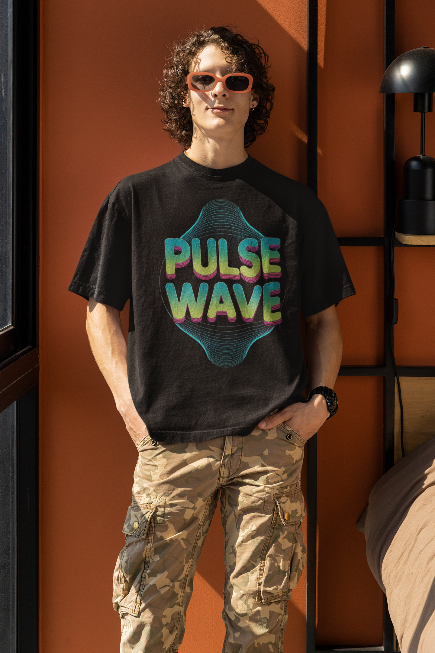 Pulse wave Round Neck Drop Shoulder Graphic Printed Oversized Cotton T-shirt