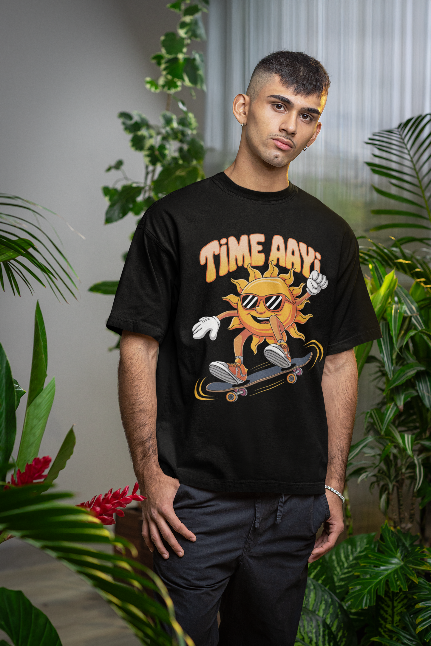 time aayi- MALAYALEE Round Neck Drop Shoulder Graphic Printed Oversized Cotton T-shirt