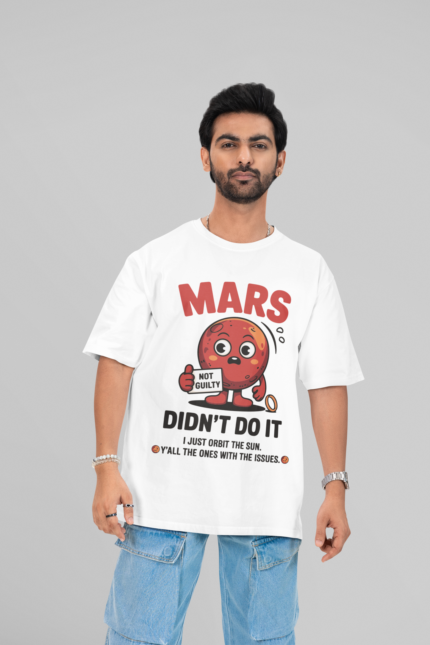 Mars Round Neck Drop Shoulder Graphic Printed Oversized Cotton T-shirt