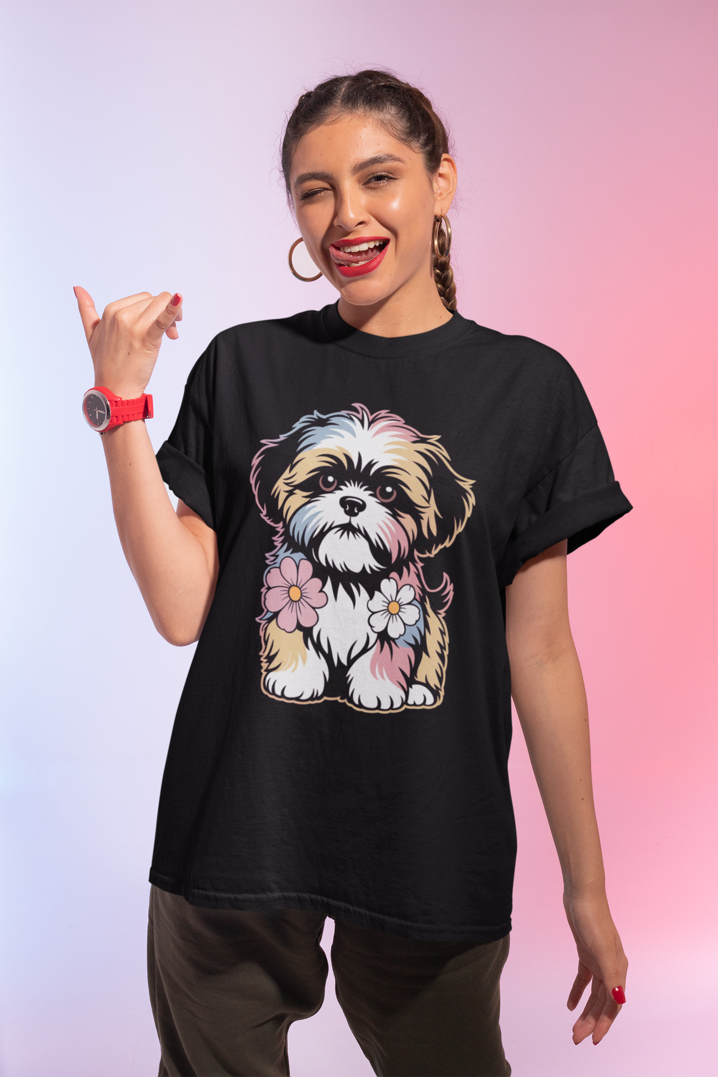 My Puppy Shih Tzu – Paw-sitive Vibes Tee Round Neck Drop Shoulder Graphic Printed Oversized Cotton T-shirt
