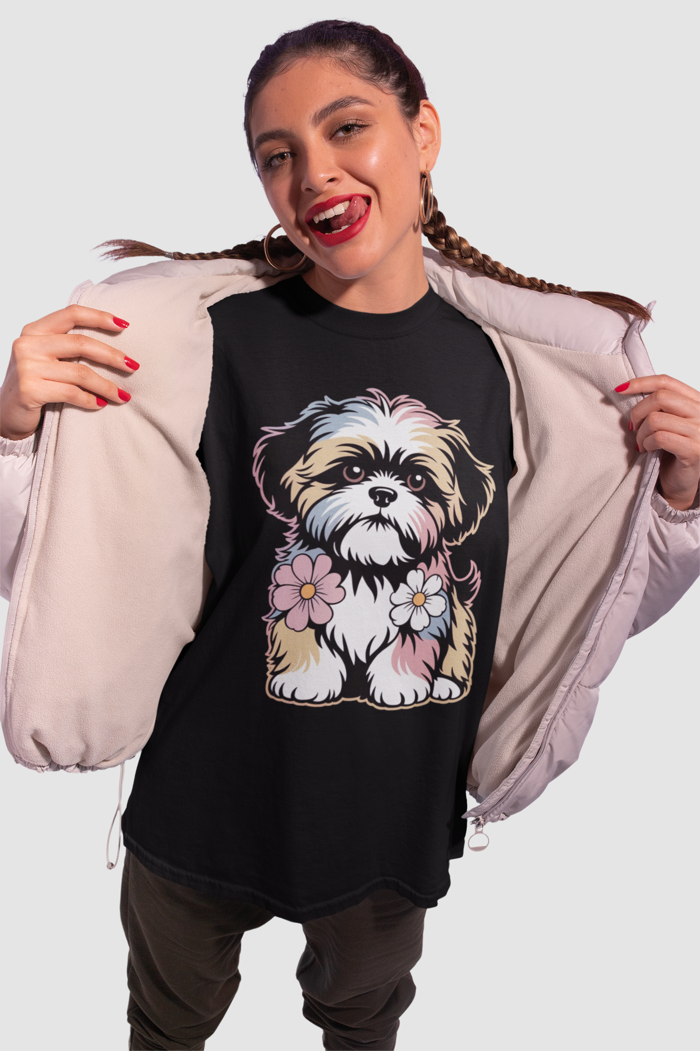 My Puppy Shih Tzu – Paw-sitive Vibes Tee Round Neck Drop Shoulder Graphic Printed Oversized Cotton T-shirt