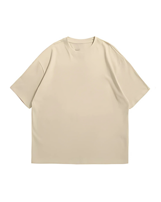 cream plain T-Shirt - Round Neck Drop Shoulder Graphic Printed Oversized Cotton T-shirt