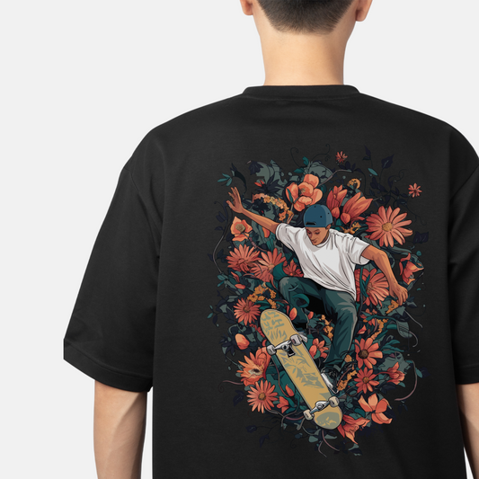 RASB’s Blossom Skater T-Shirt - Round Neck Drop Shoulder Graphic Printed Oversized Cotton T-shirt