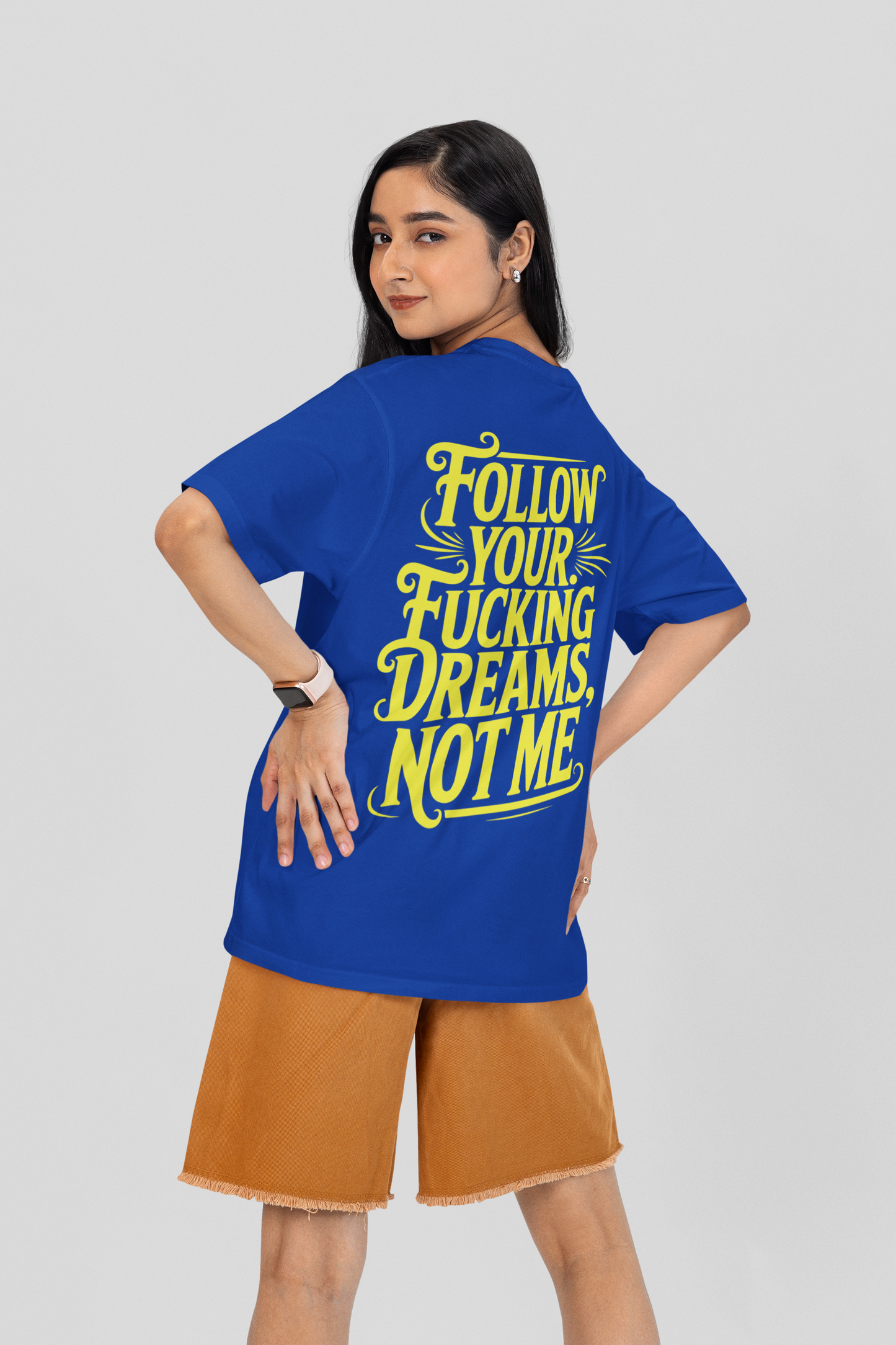 Follow the dream- Round Neck Drop Shoulder Graphic Printed Oversized Cotton T-shirt