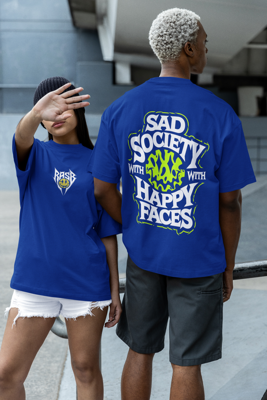 sad society- Round Neck Drop Shoulder Graphic Printed Oversized Cotton T-shirt