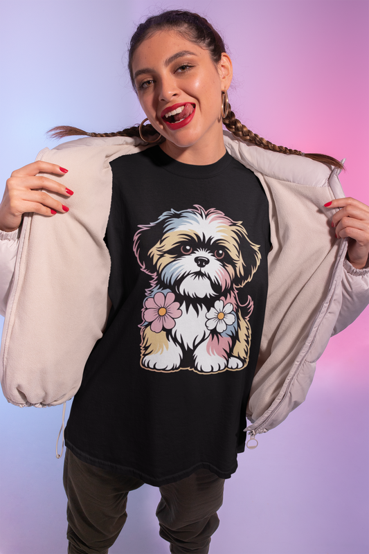 My Puppy Shih Tzu – Paw-sitive Vibes Tee Round Neck Drop Shoulder Graphic Printed Oversized Cotton T-shirt
