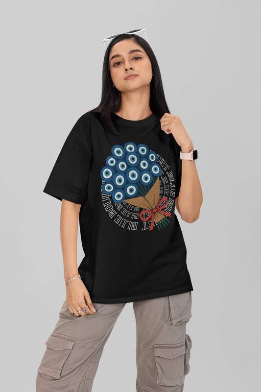 blue Bouquet – devil eye –  Round Neck Drop Shoulder Graphic Printed Oversized Cotton T-shirt