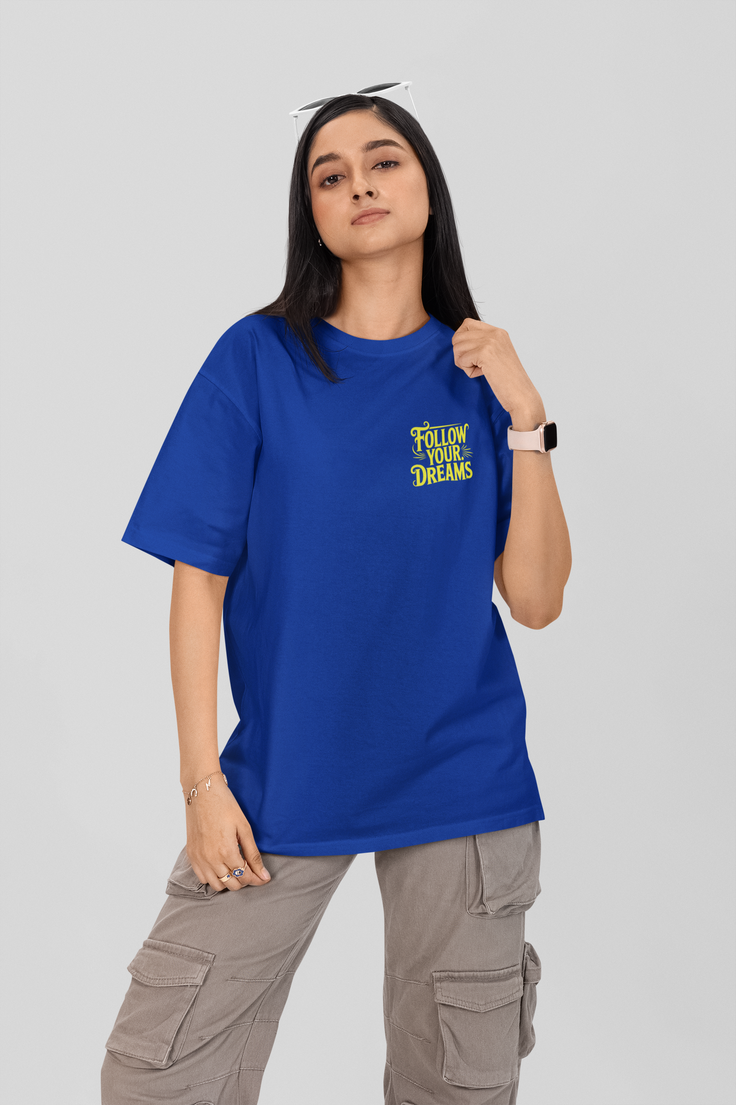 Follow the dream- Round Neck Drop Shoulder Graphic Printed Oversized Cotton T-shirt